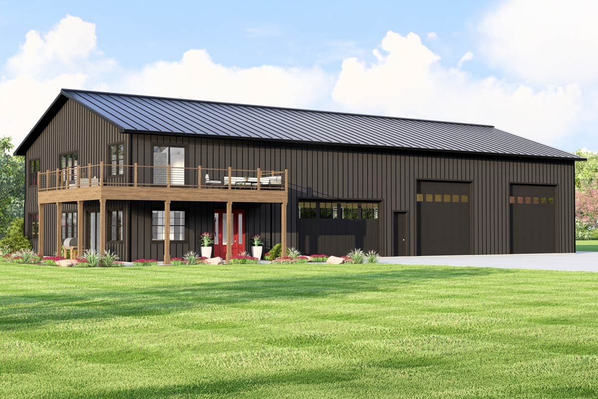 House plan exterior. Two-story Modern style with metal roof. Features include an upper-level balcony, front porch, and garage with three bays.