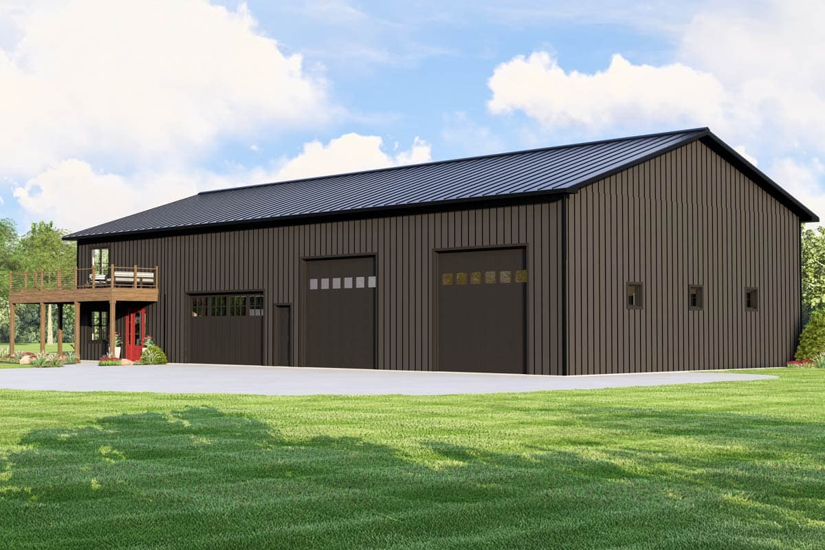 House plan exterior featuring a dark metal exterior, multiple garage doors, and an elevated deck with stairs.