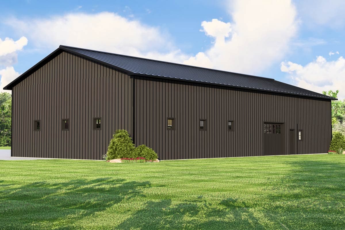 House plan exterior, vertical dark brown siding, metal roof, multiple small square windows, one garage door, and one pedestrian door.