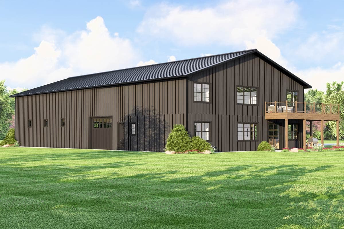 House plan exterior: Two-story modern barn with dark vertical siding, black metal roof, garage door, and elevated deck.