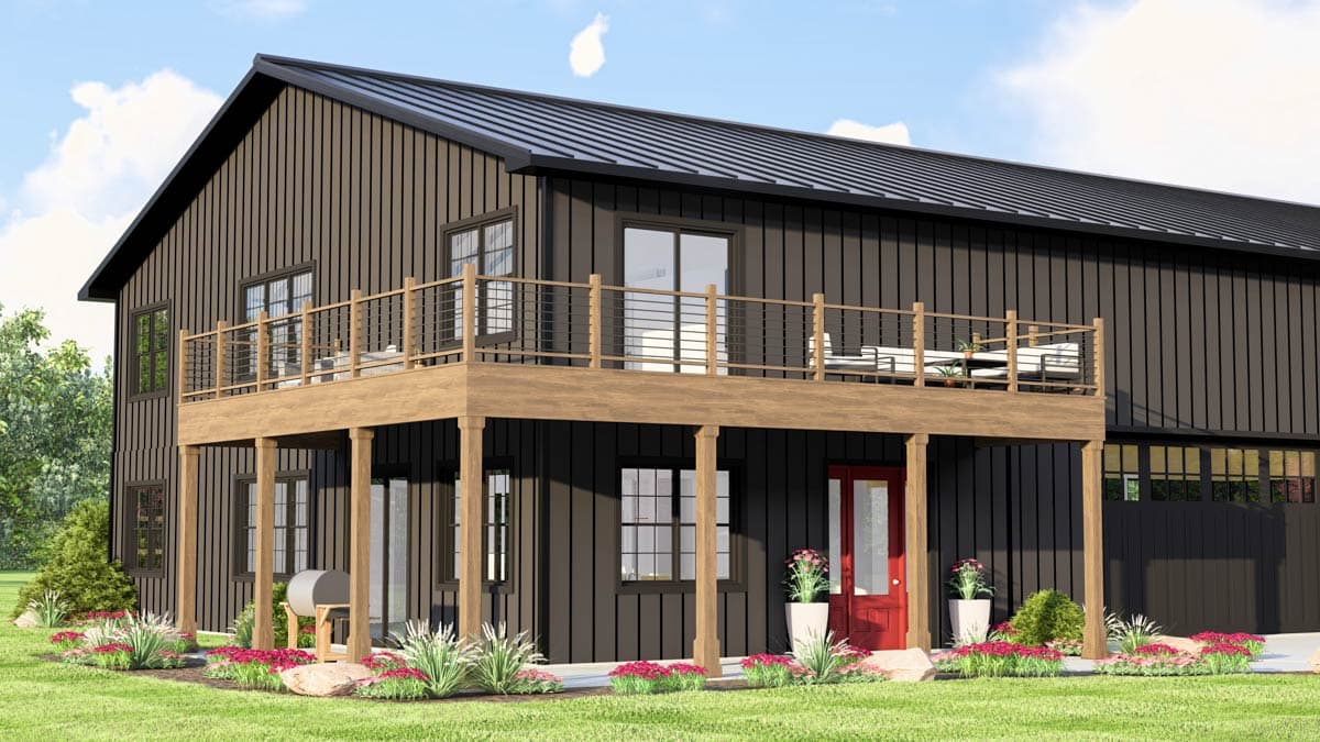 House plan exterior rendering of a two-story home with dark vertical siding, a large deck, and a prominent red front door.