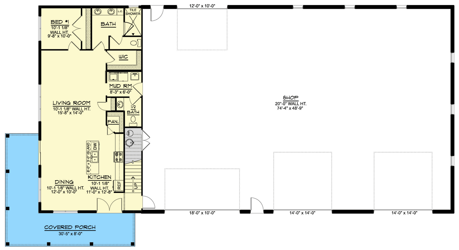 Plan 135361GRA: Expansive 1-Bedroom Barndominium Home with Oversized 4-Car Garage and Dual Porches - Floor Plan - Main Level - Barndominium