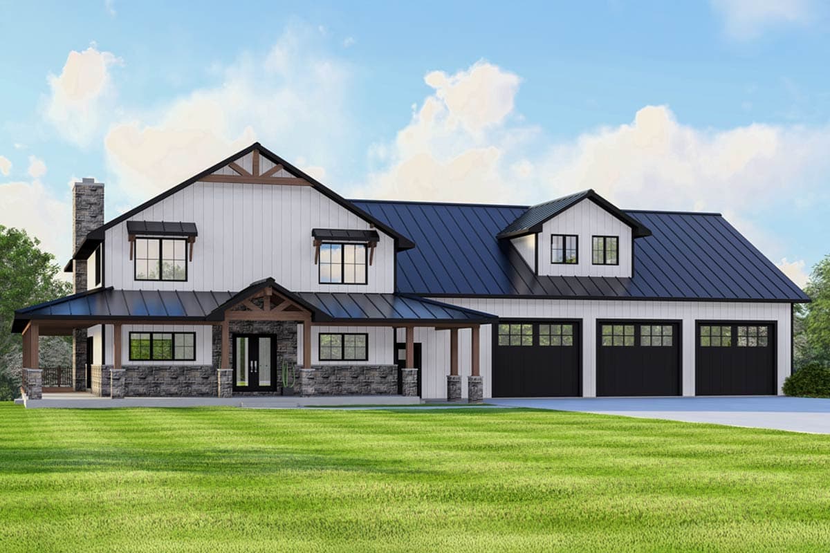 House plan exterior. Modern farmhouse style with 2 stories. Features include a covered porch, dormers, and a three-car garage.