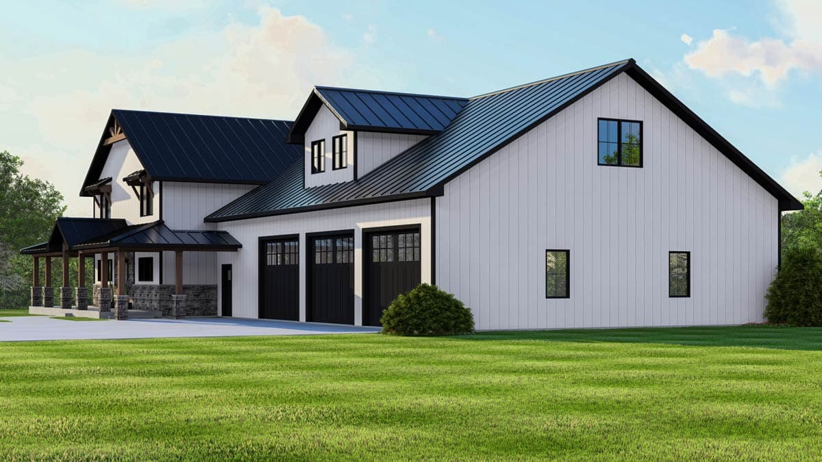 Modern Farmhouse house plan exterior with white vertical siding, black metal roof, covered porch with stone pillars, and a three-car garage.