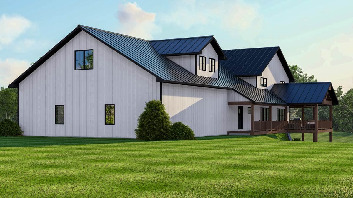 House plan exterior: Modern farmhouse style with white vertical siding, dark metal roof, gables, dormers, and a wraparound porch.