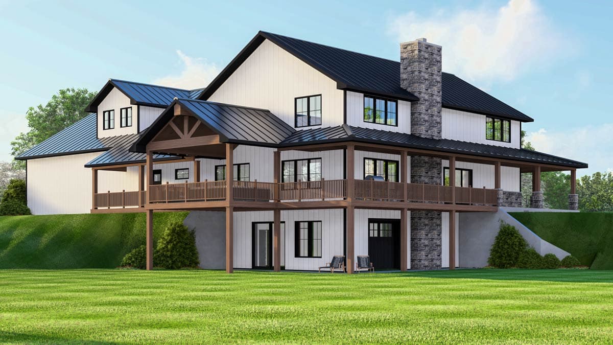 Modern Farmhouse house plan exterior with two stories, white board-and-batten siding, metal roof, wraparound porch, and stone chimney.