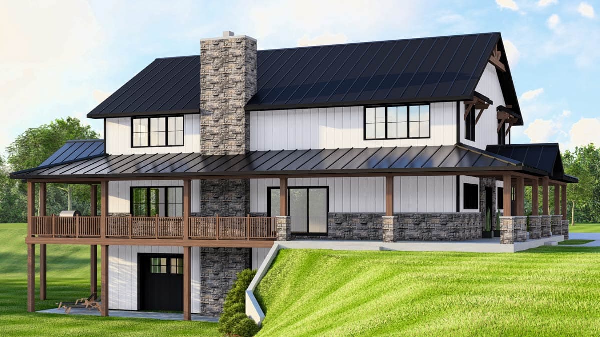 House plan exterior: two-story Modern Farmhouse with white board-and-batten siding, stone accents, metal roof, and wraparound porch.