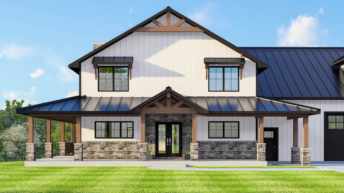 Modern Farmhouse house plan exterior with wrap-around porch, stone base, gabled rooflines, and exposed wooden beams.