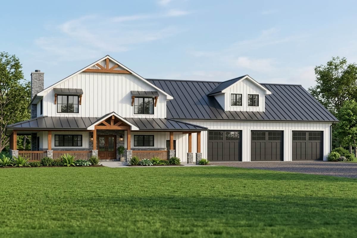 House plan exterior. Modern farmhouse style with 2 stories. Features include a covered porch, dormers, and a three-car garage.