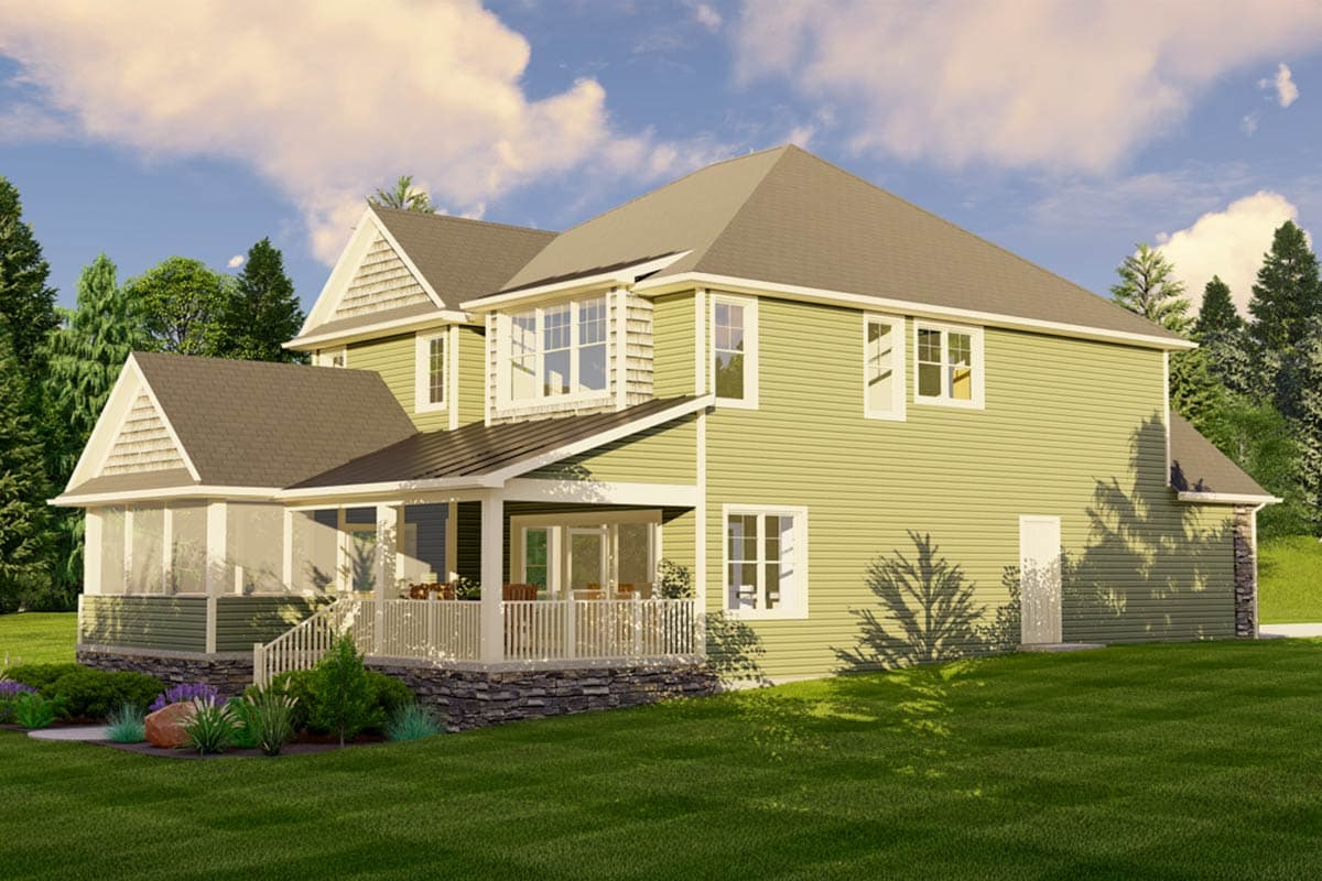 House plan exterior: Two-story Modern Farmhouse with gabled dormers, covered porch with stone foundation, and bay windows.