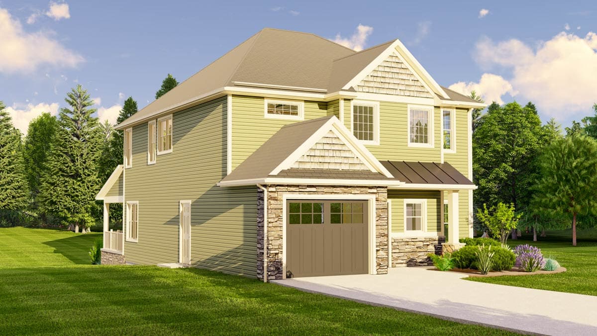 Two-story house plan exterior with vinyl siding, stone accents, gabled dormers, and a single-car garage.