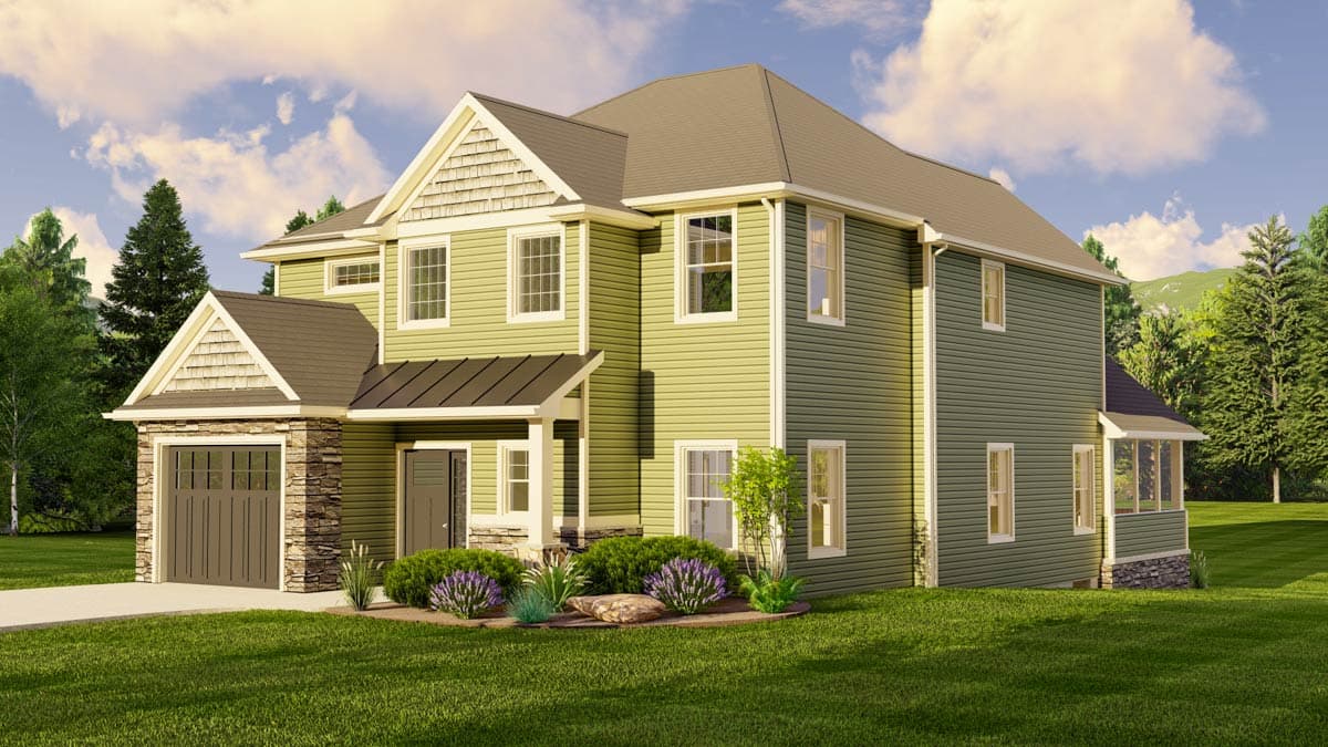 House plan exterior with two stories, gabled roof, and stone facade on the garage. Features include a front porch and dormers.