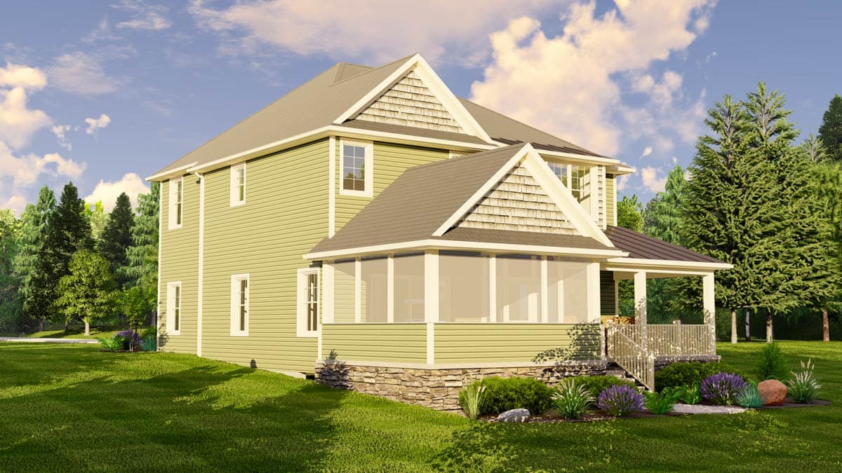 Two-story house plan exterior featuring green siding, shingle gables, a screened porch, and a covered front porch with railing.