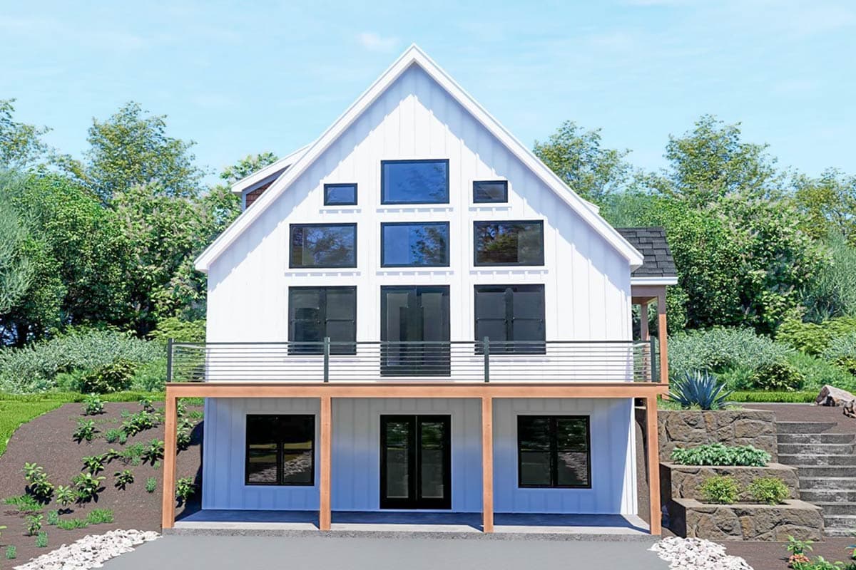 House plan exterior with modern farmhouse style. Two-story home with a gable roof, deck, and large picture windows across the facade.