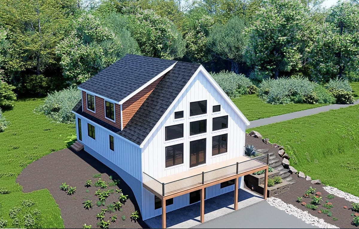 Modern house plan exterior with white siding, large gable windows, deck, and cedar shingle dormers.