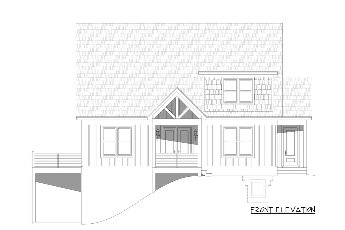 Front elevation house plan showing a two-story structure with a gabled entry porch, dormer window, and side deck.