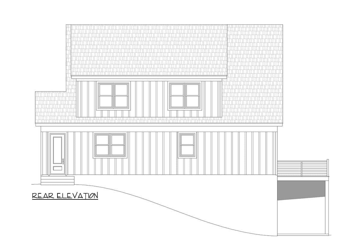 Rear elevation drawing of a two-story house plan with vertical siding, multiple windows, a front door, and a deck.