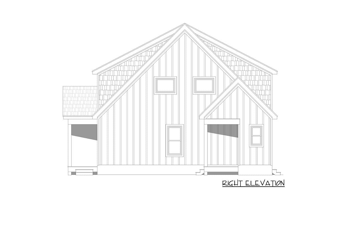 Right elevation house plan drawing with vertical siding, shingle siding, gables, porch, and windows.