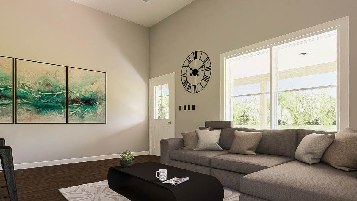 Living room rendering with sectional sofa, large windows, abstract art, and a decorative clock on the wall.