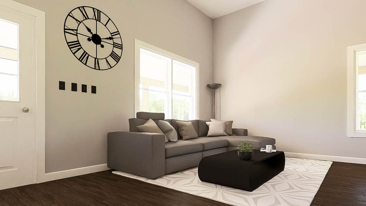 Interior rendering of a living room with a sectional sofa, coffee table, large windows, and a wall clock.
