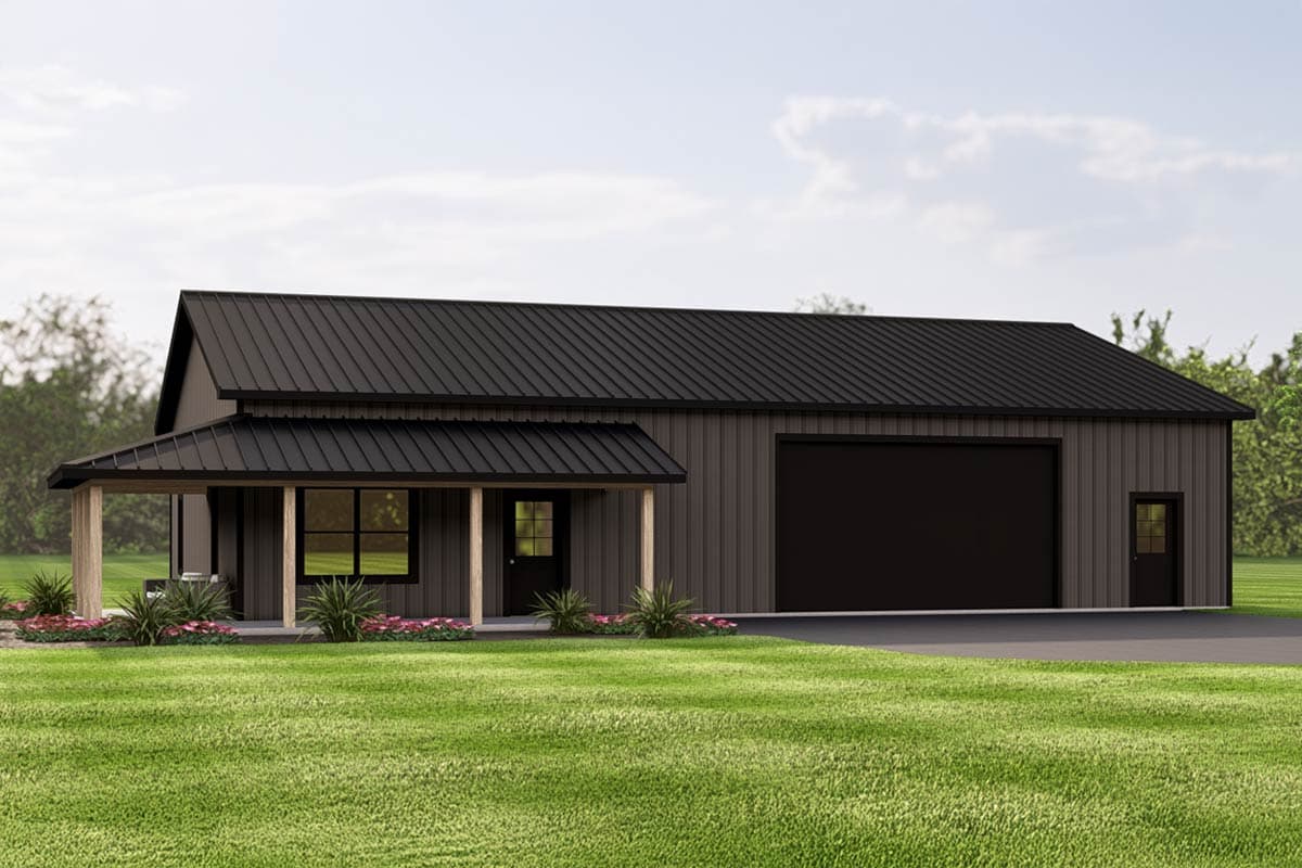 House plan exterior with shed roof and covered porch. Features include a large garage door, entry door, and vertical siding.