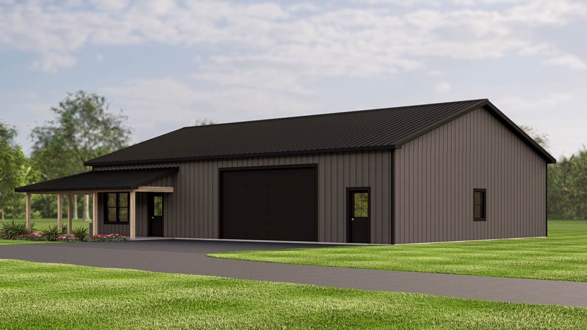 House plan exterior: Modern building with a metal roof, prominent garage door, and covered entryway with support posts.