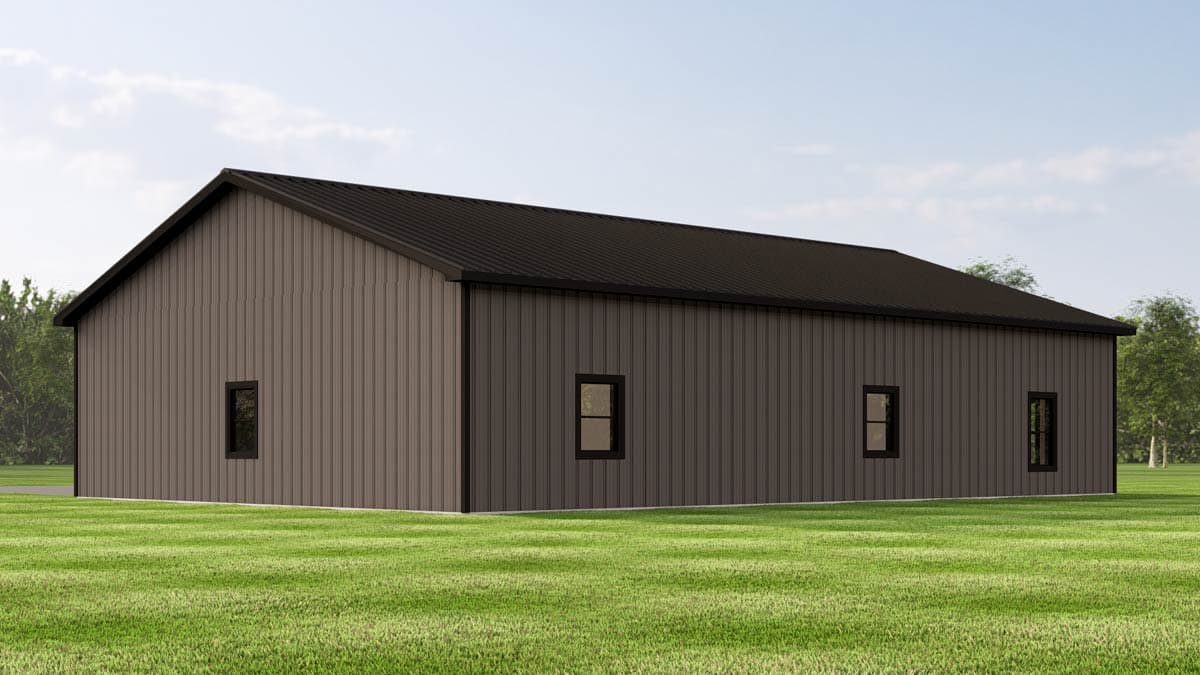 House plan exterior of a single-story modern building with a dark metal roof and vertical siding, featuring four small windows.