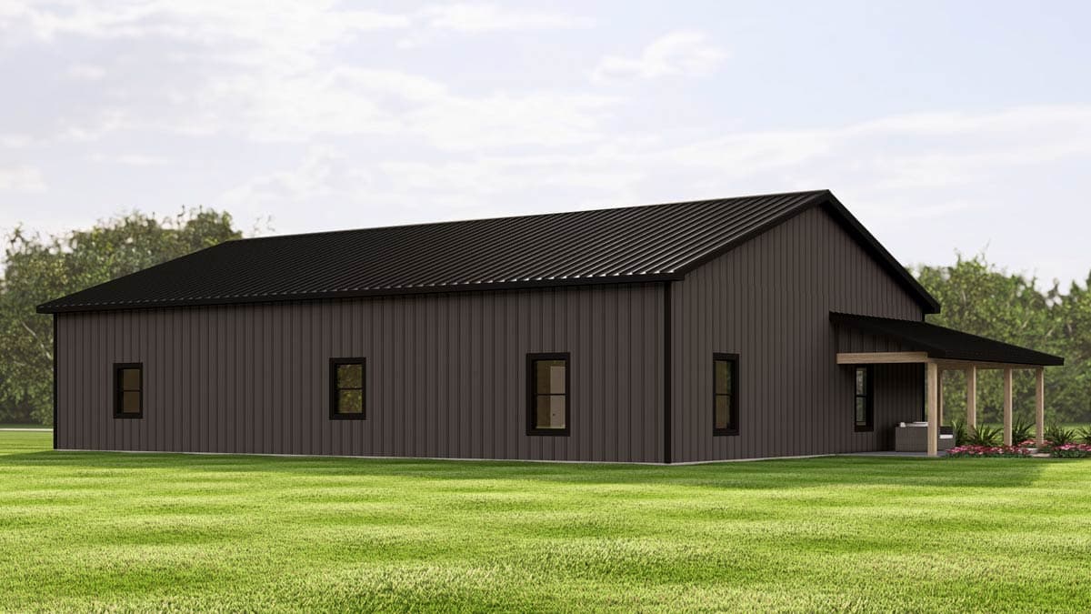House plan exterior: One-story Modern Farmhouse with metal siding, gabled roof, and covered porch with wood columns.