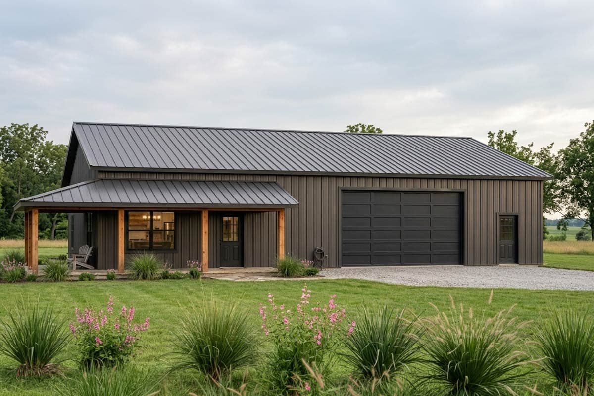 House plan exterior with shed roof and covered porch. Features include a large garage door, entry door, and vertical siding.
