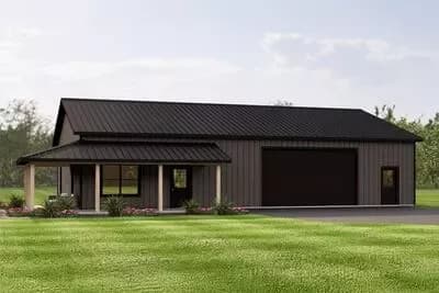 Modern Barndominium with Expansive Workshop and Cozy Covered Porch