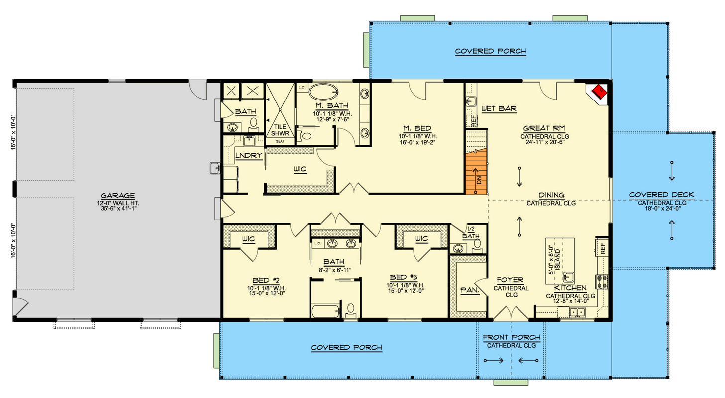 Plan 135365GRA: Expansive Rustic Farmhouse Ranch Walkout Home with Wrap-Around Porch & 4-Car Garage - Floor Plan - Main Level - Barndominium, Farmhouse