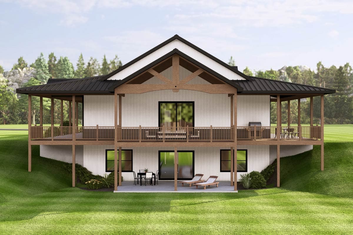 House plan exterior: Modern Farmhouse style, two stories, with a prominent gable, intersecting rooflines, and a wraparound deck.