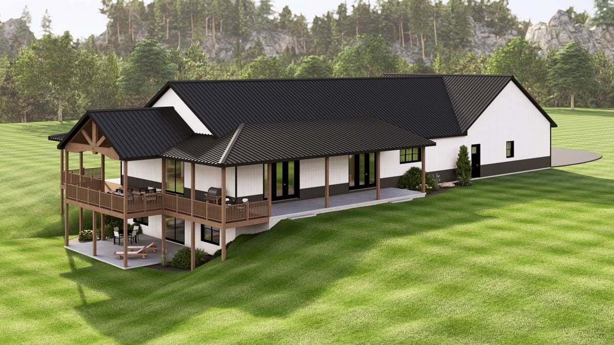 House plan exterior: Modern Farmhouse style, two stories, multi-level deck with exposed beams, covered porch, and black metal roof.