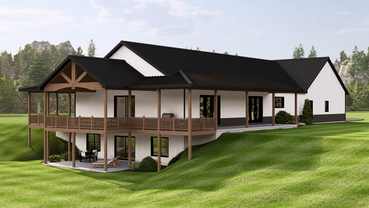 Modern Farmhouse house plan exterior with a wrap-around porch, exposed wooden beams, and a metal roof.