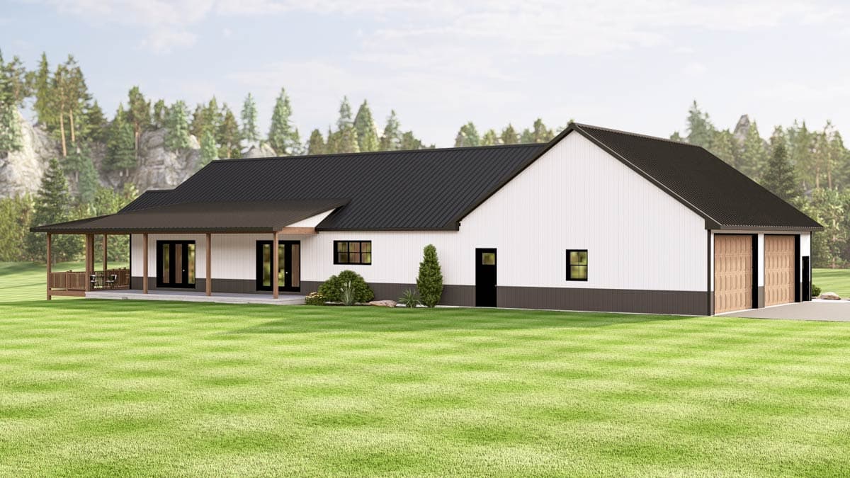 House plan exterior: Single-story modern farmhouse with wraparound porch, white vertical siding, and a side-entry two-car garage.