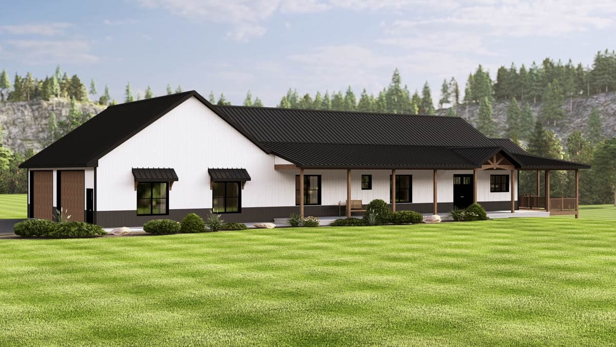 Modern Farmhouse house plan exterior with a wraparound porch, white vertical siding, dark metal roof, and large gable.