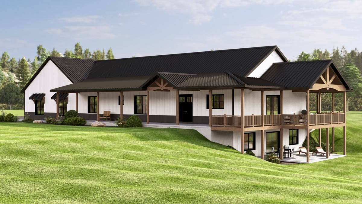 House plan exterior with board and batten siding, wraparound porch, and a raised deck with exposed beams and dark metal roof.