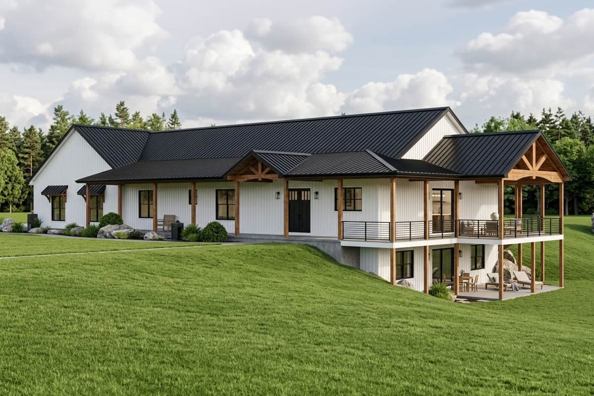 House plan exterior with board and batten siding, wraparound porch, and a raised deck with exposed beams and dark metal roof.