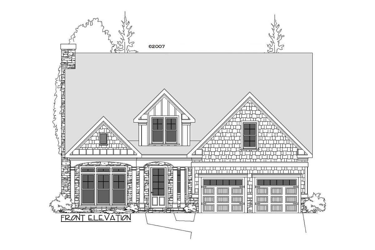 Front elevation house plan shows a two-story home with stone accents, multiple gables, a dormer, and a two-car garage.