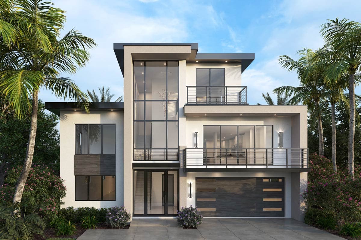 House plan exterior. Modern style, two-story home with a flat roof, large windows, and balconies. Features an attached garage.