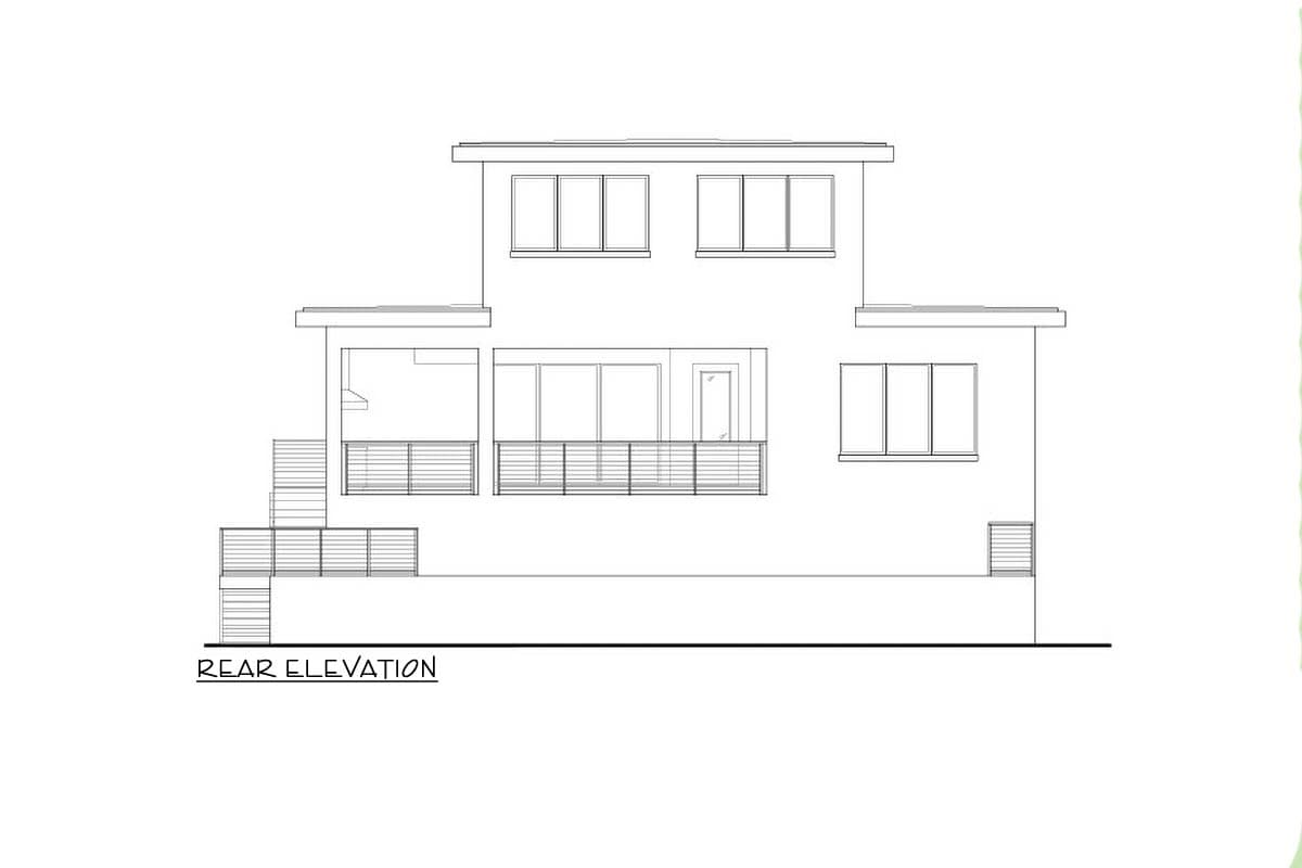 Rear elevation drawing of a two-story house plan featuring a flat roof, large windows, and a deck with railings.