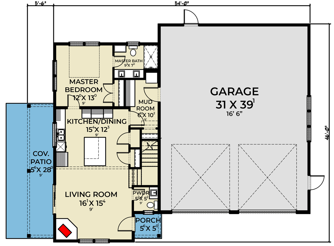 Plan 280243JWD: 3-Bed Barndo-Style Modern Farmhouse with Oversized Workshop Garage - 1586 Sq Ft - Floor Plan - Main Level - Barndominium, Carriage, Modern Farmhouse, New American