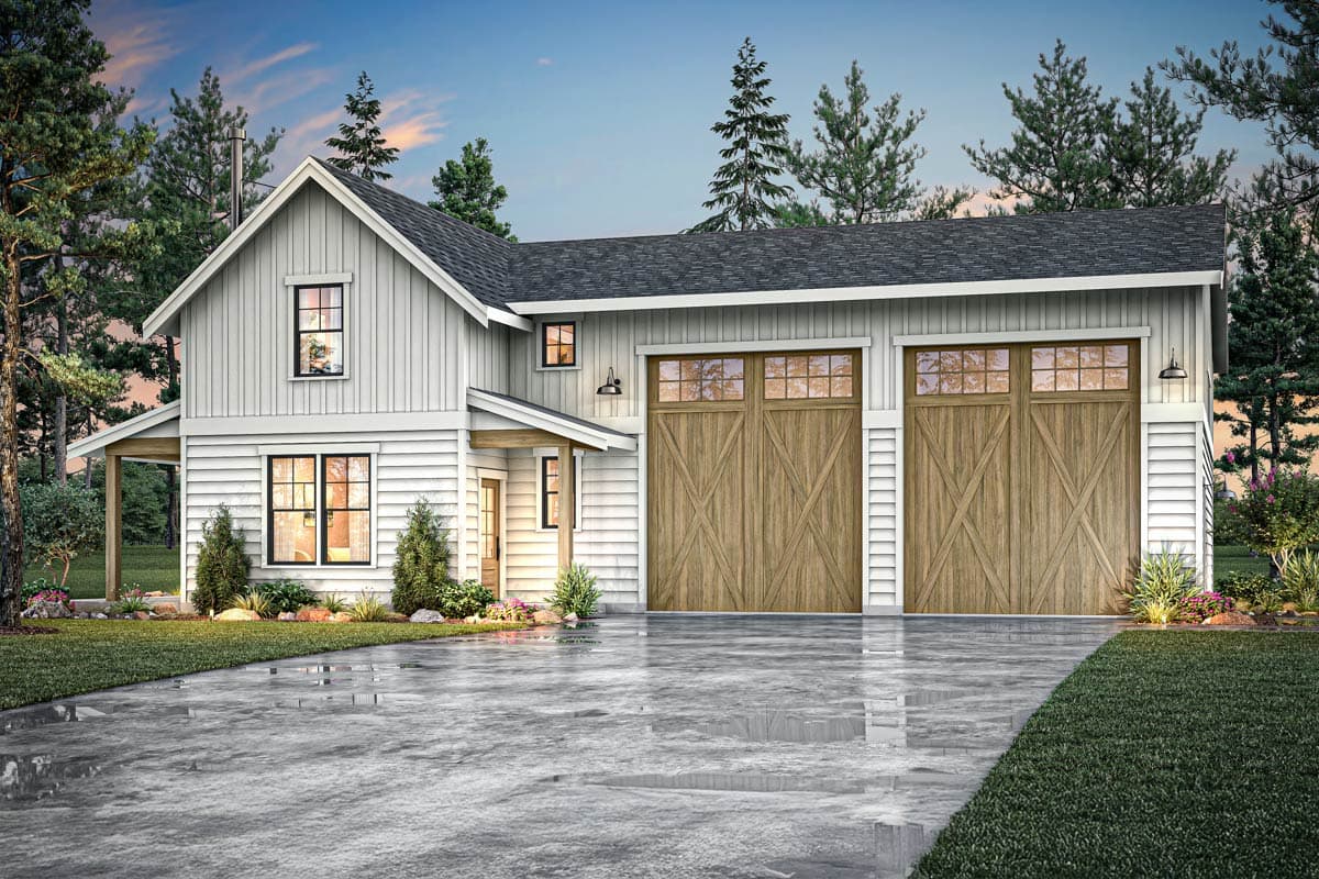 House plan exterior. Two-story farmhouse with a front-facing garage. Features include a gable roof, covered porch, and board-and-batten siding.