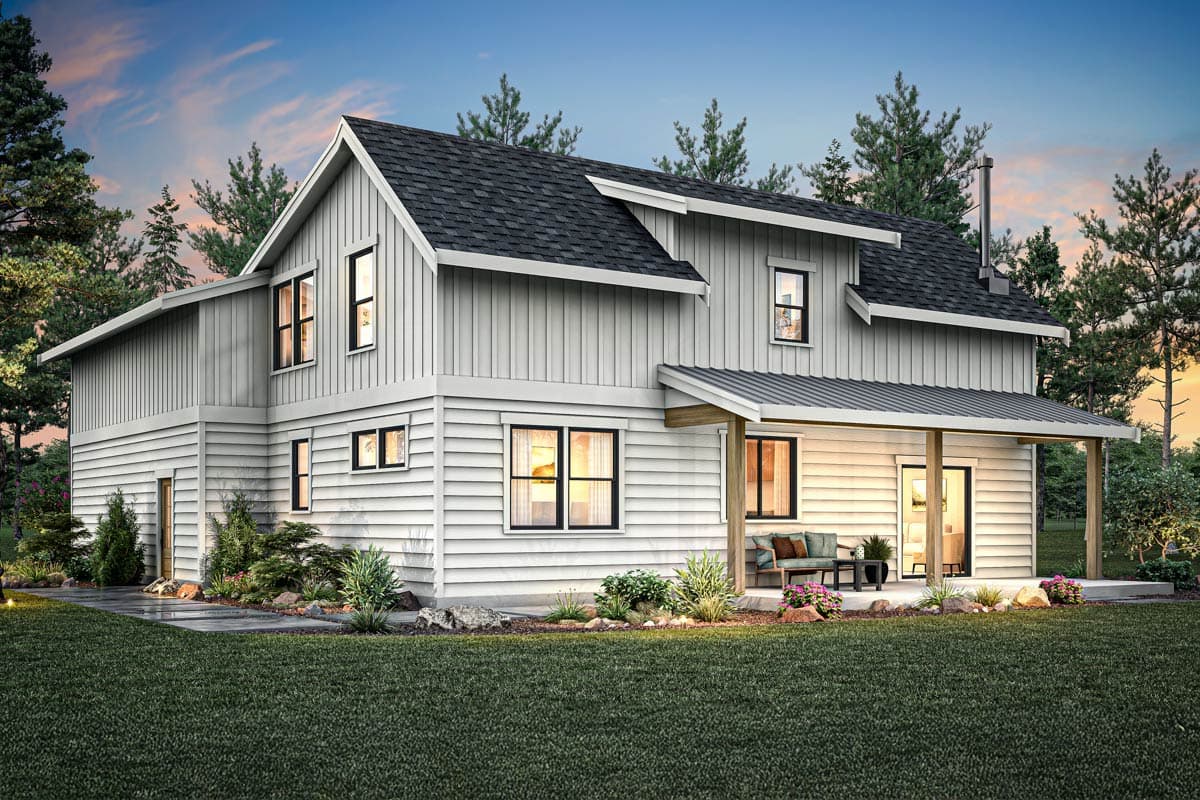 Two-story modern farmhouse house plan exterior with board and batten siding, gables, and covered porch.