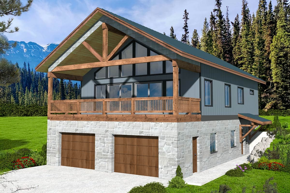 House plan exterior. Two-story with open porch, shed roof, and two-car garage. Features gable roof with exposed timber framing and stone veneer.