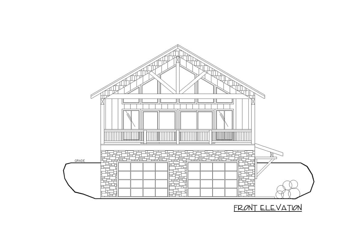 Front elevation drawing of a house plan with stone base, two garage doors, a covered deck, and a gable roof with exposed trusses.