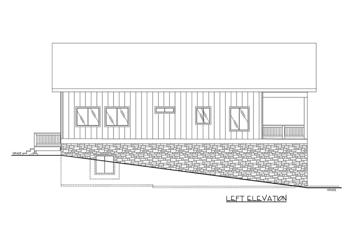 Left elevation drawing of a one-story house plan with clapboard siding, stone foundation, multiple windows, and a covered porch.