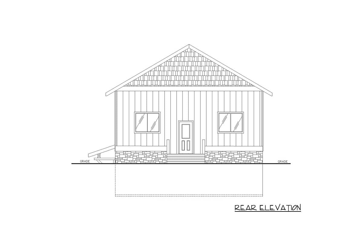 Rear elevation drawing of a house plan. Features vertical siding, stone foundation, two windows, and a gabled roof.