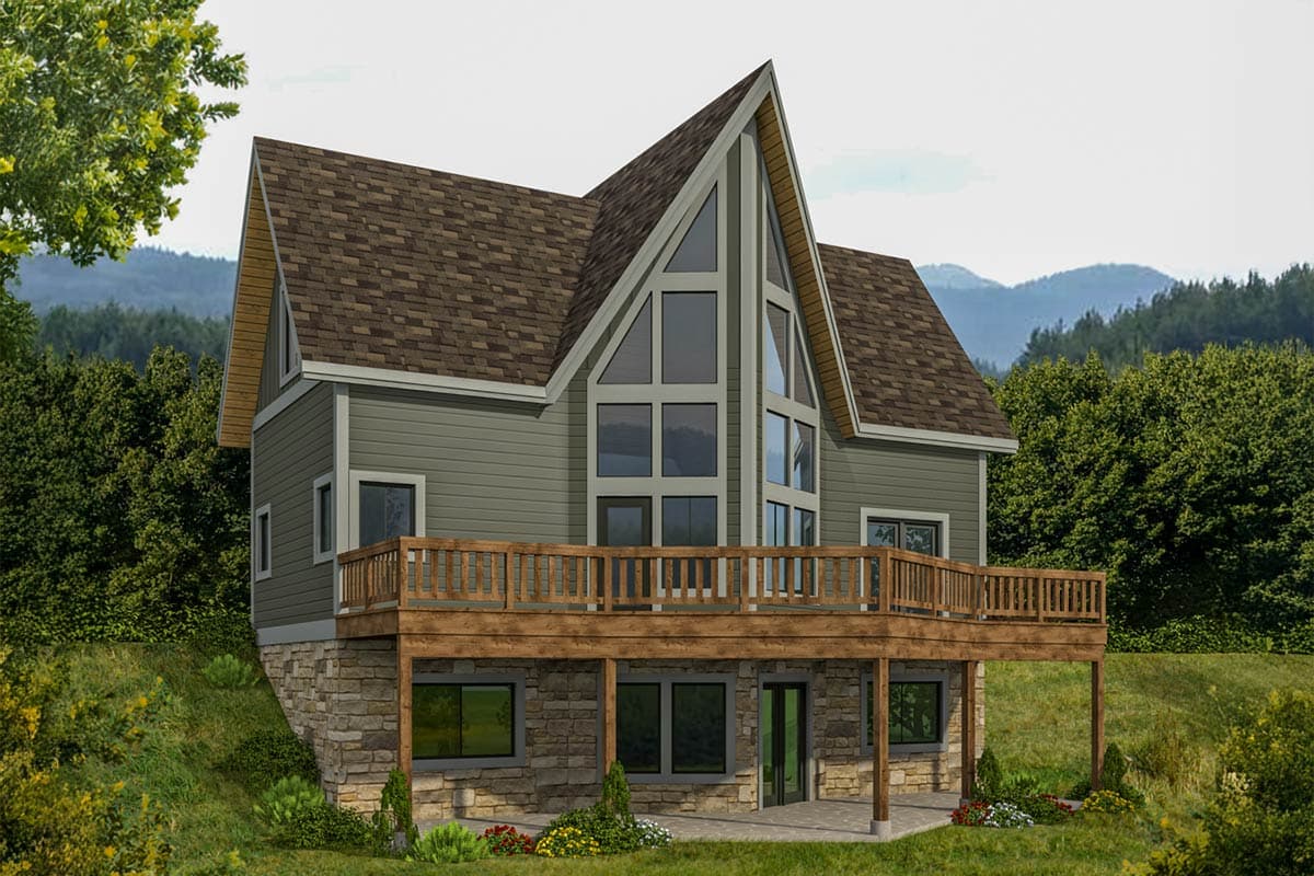 House plan exterior with two stories, gabled roof, and large triangular window feature. Includes a wraparound deck and stone foundation.