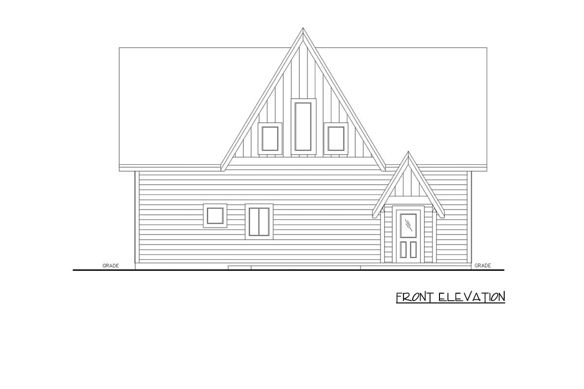 Front elevation drawing of a house plan with horizontal siding, gables, and dormer windows.